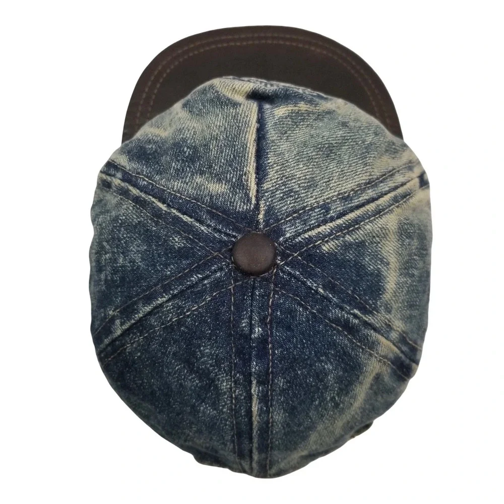 Adventure Bound Acid Wash Denim Cap Leather Bib Baseball Distressed Streetwear